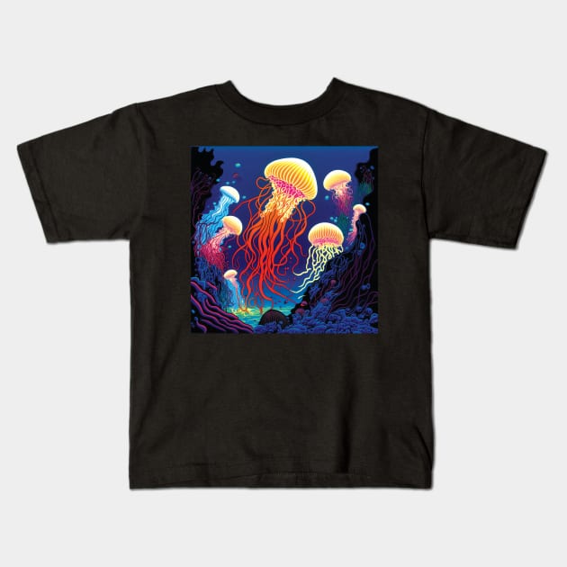 A Cluster of Orange, Pink and Blue Jellyfish Kids T-Shirt by Geminiartstudio